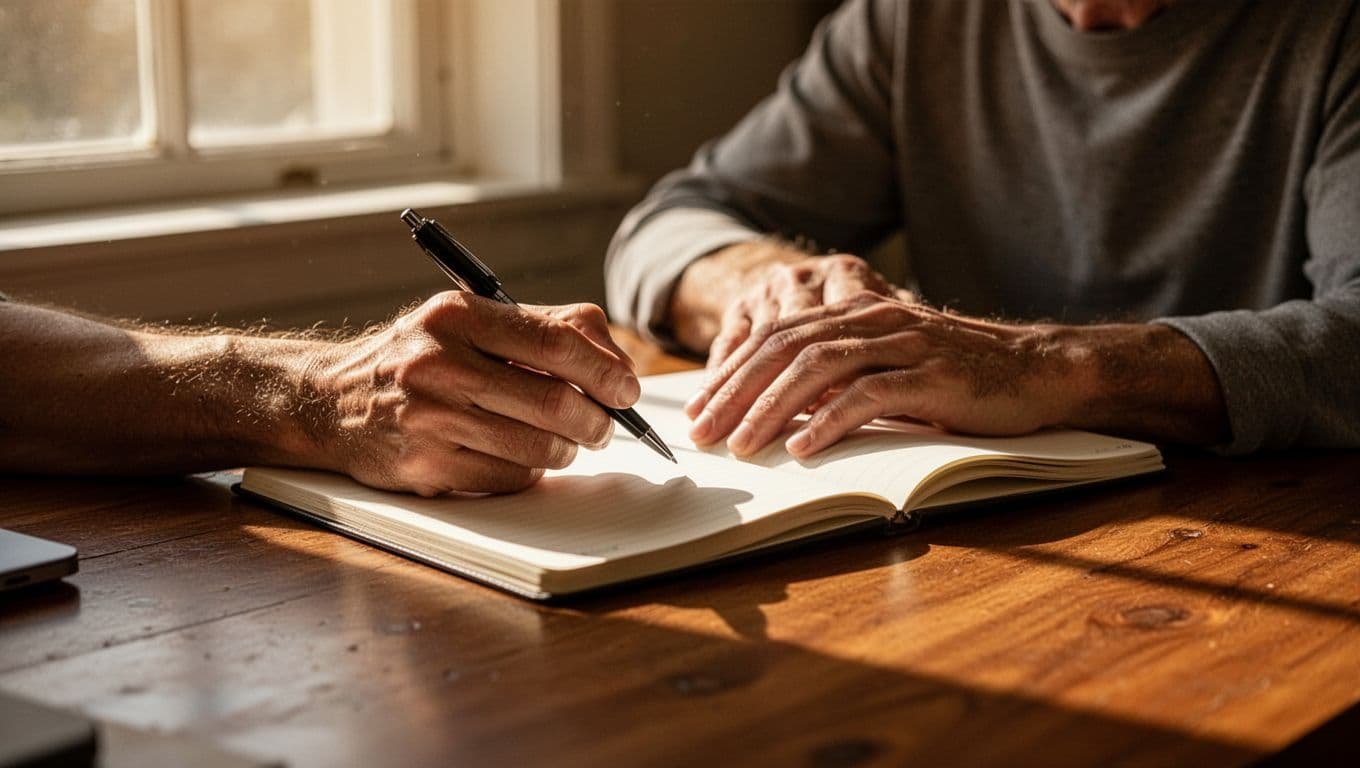 Person writing in a notebook at a sunlit wooden desk.