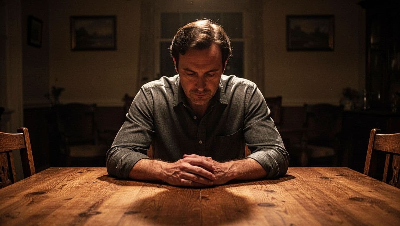 A person sits thoughtfully at a wooden table in a dark, dramatic room.