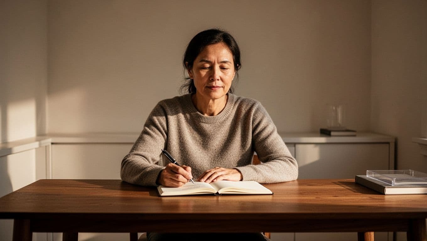 A thoughtful person sits at a desk with an open notebook and pen.