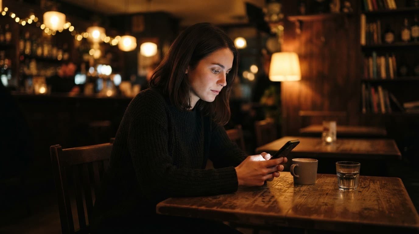 A person studies a smartphone at a wooden table in a warmly lit room.