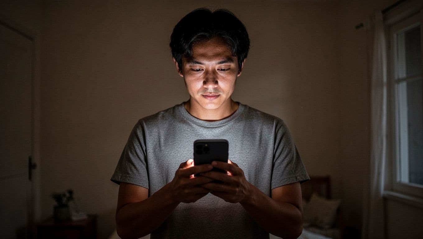 A person thoughtfully reading a smartphone in a dimly lit room.
