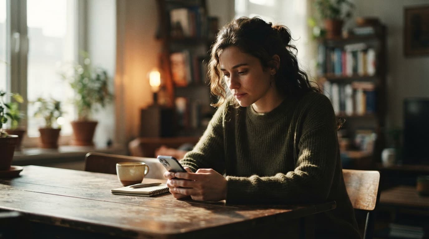 A thoughtful young adult looks at a smartphone while sitting at a wooden table.