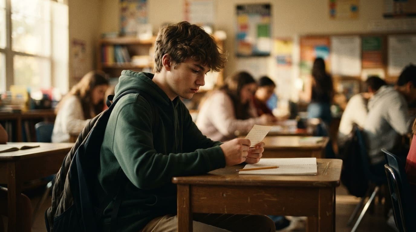 A student studies a small card at a classroom desk in warm light.