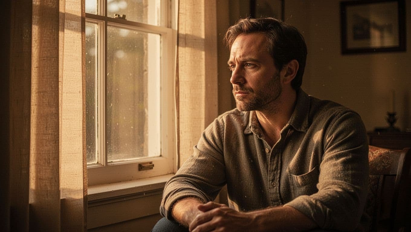 A thoughtful man sits by a window in a warm room.