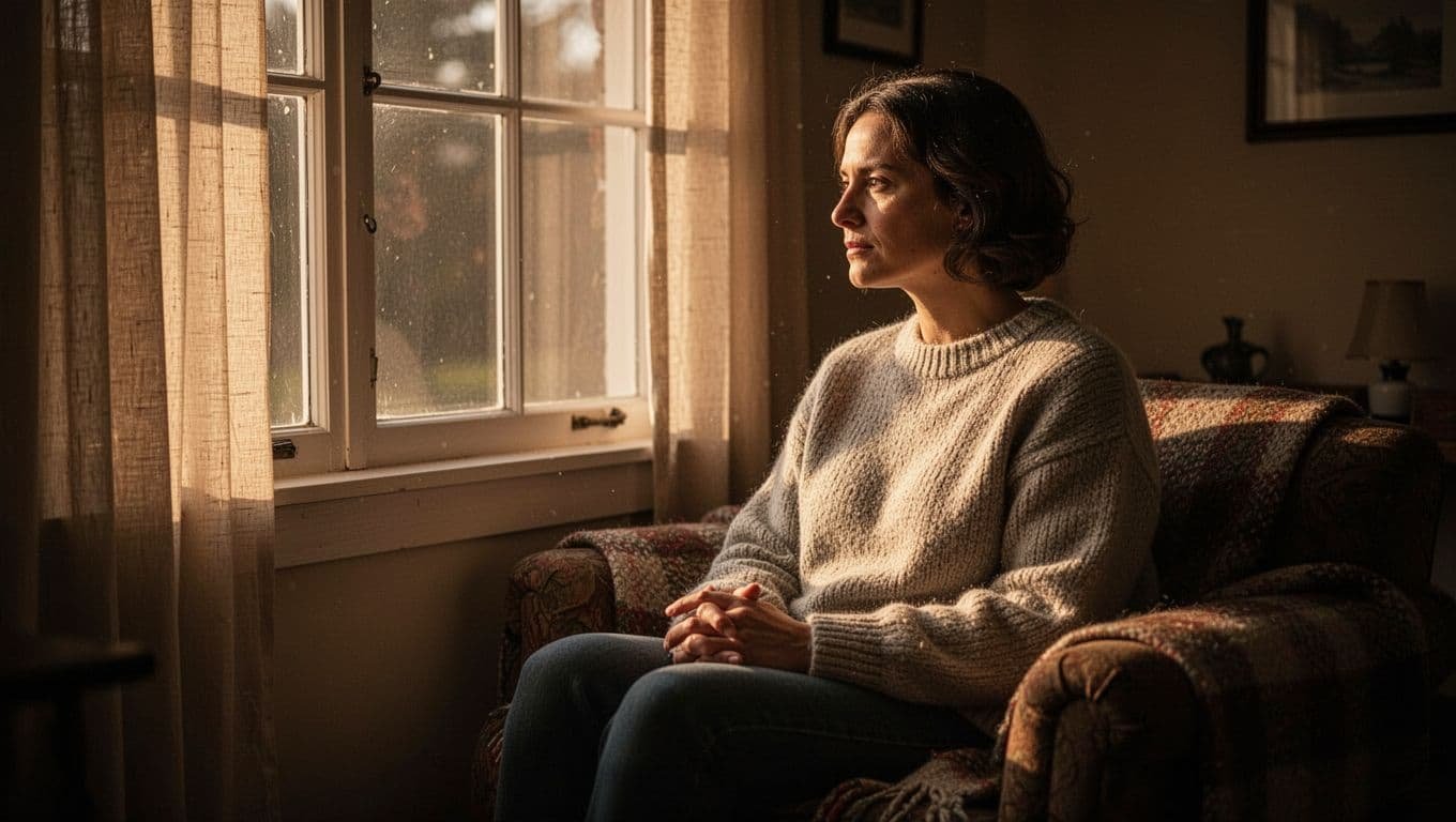 A person sits thoughtfully beside a window in a warmly lit room.