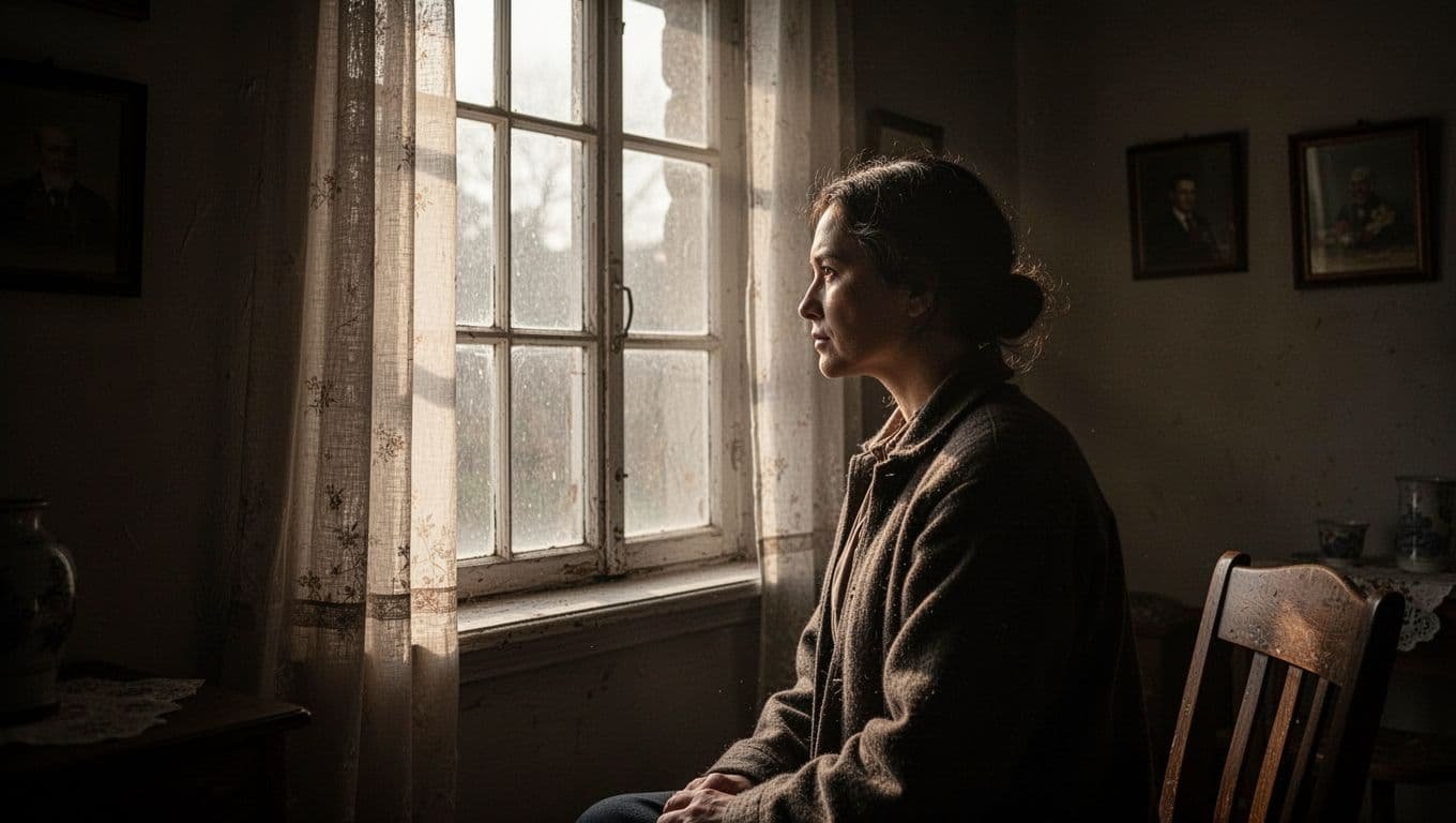 A person gazes thoughtfully through a window in dramatic light.