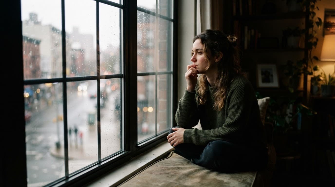 A person sits by a window, quietly reflecting in a softly lit room.