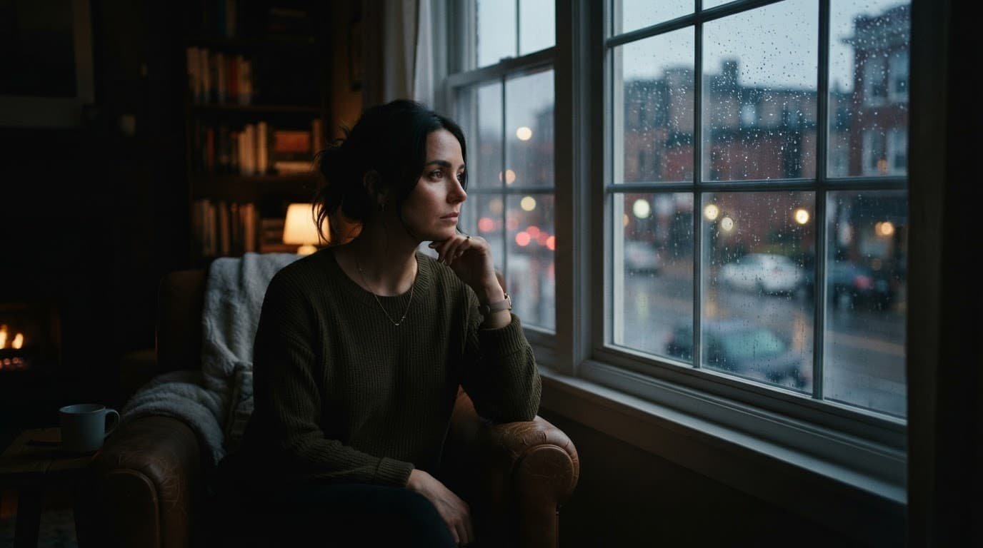 A person sits by a living room window, looking outside in dramatic light.