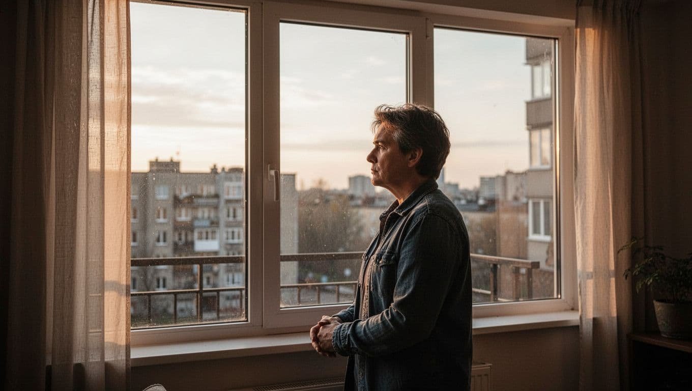 A person gazes through a large apartment window in soft afternoon light.