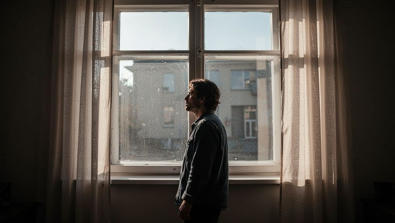 A person gazes thoughtfully through a window in dramatic light.