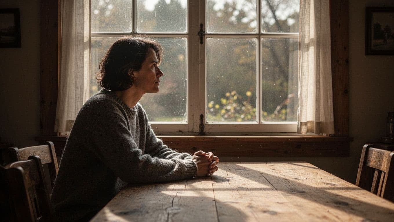 A person sits alone at a wooden table, looking toward a sunlit window.