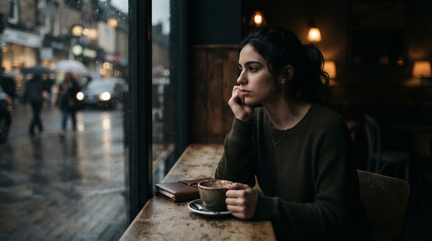 A young person looks thoughtfully out a coffee shop window.