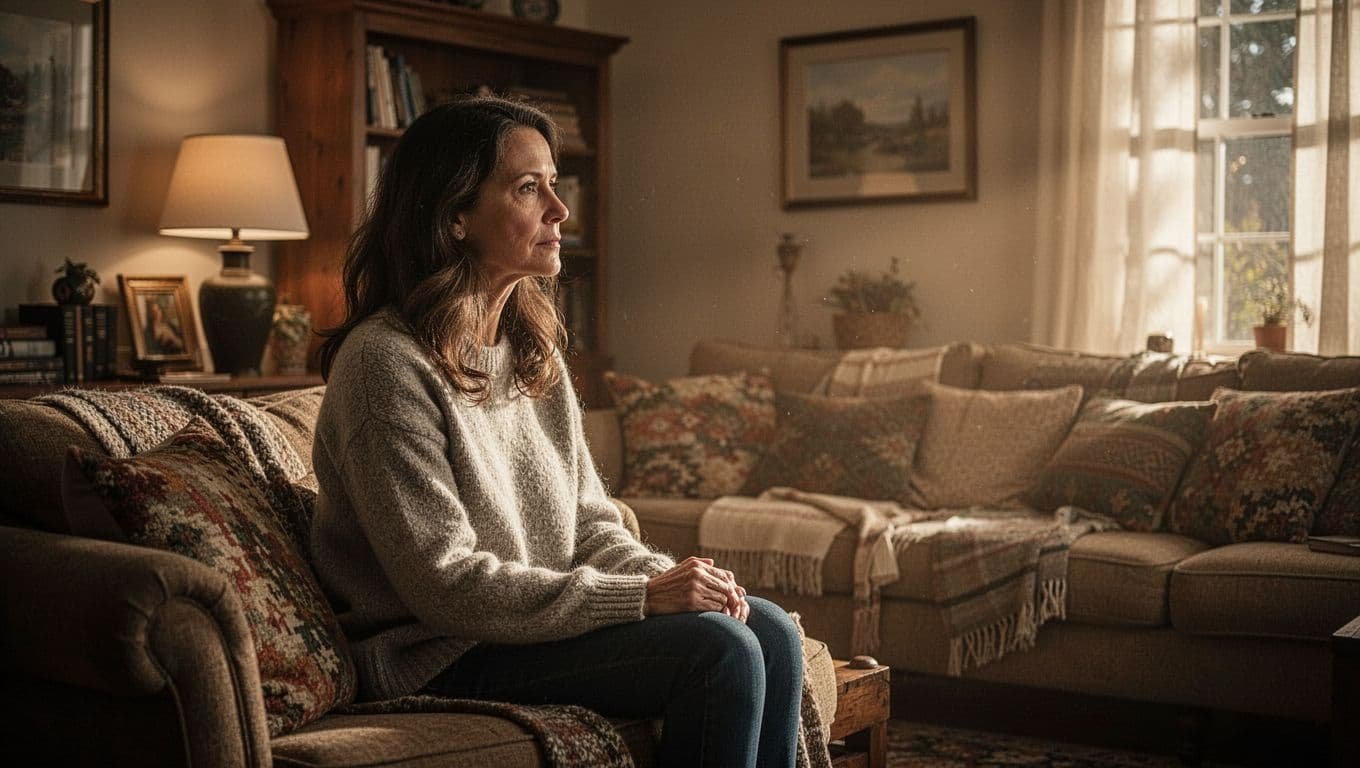 A woman sits thoughtfully on a sofa in a warmly lit living room.