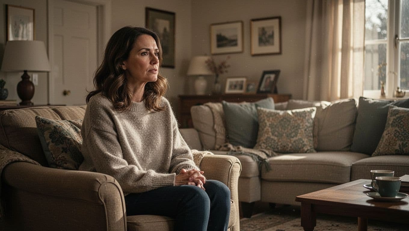 A thoughtful woman sits alone in a warmly lit living room.