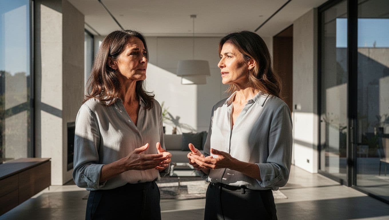 A confident woman speaking in a bright modern room.