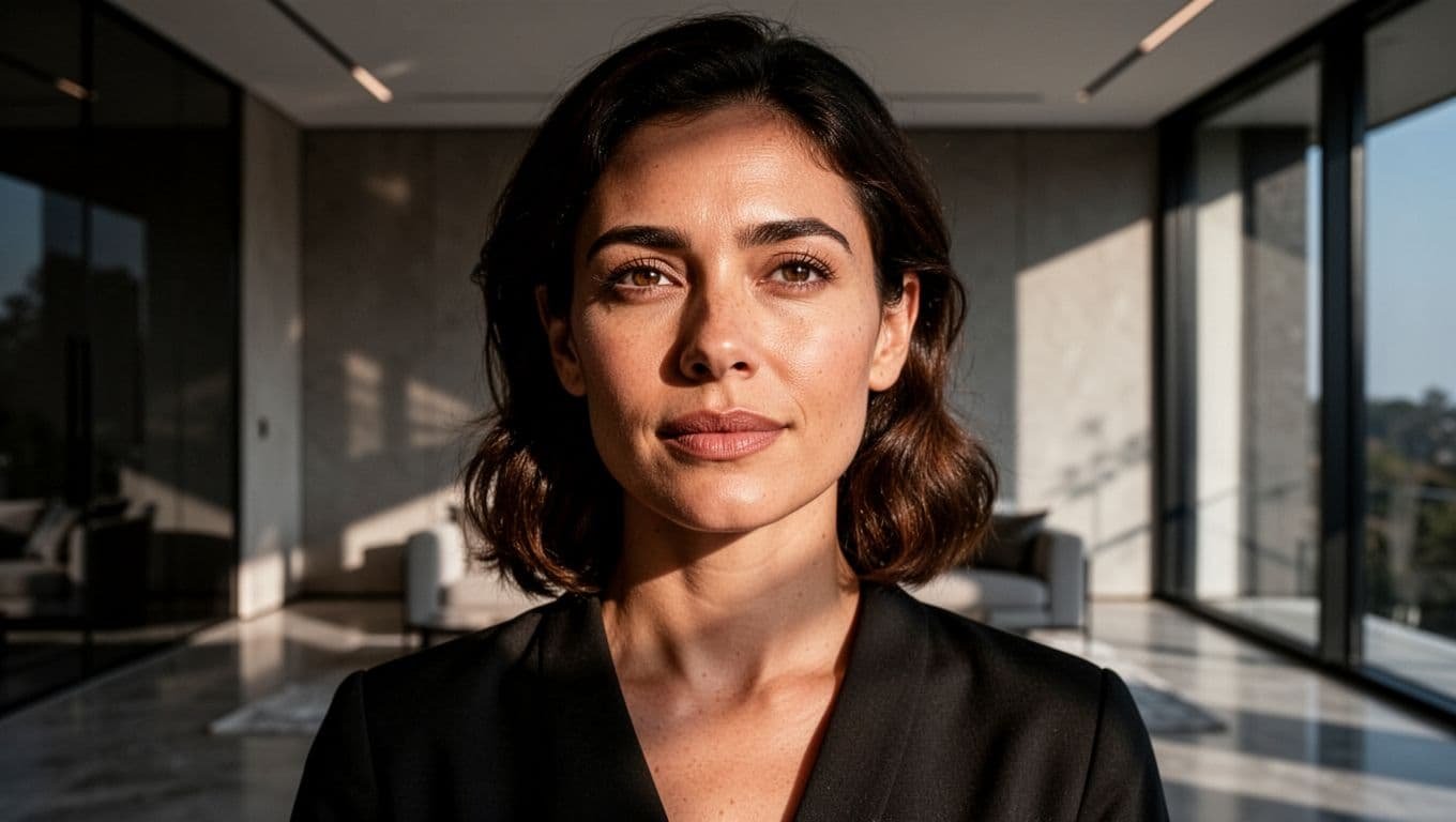 Close-up portrait of a thoughtful woman in a modern room with dramatic lighting.
