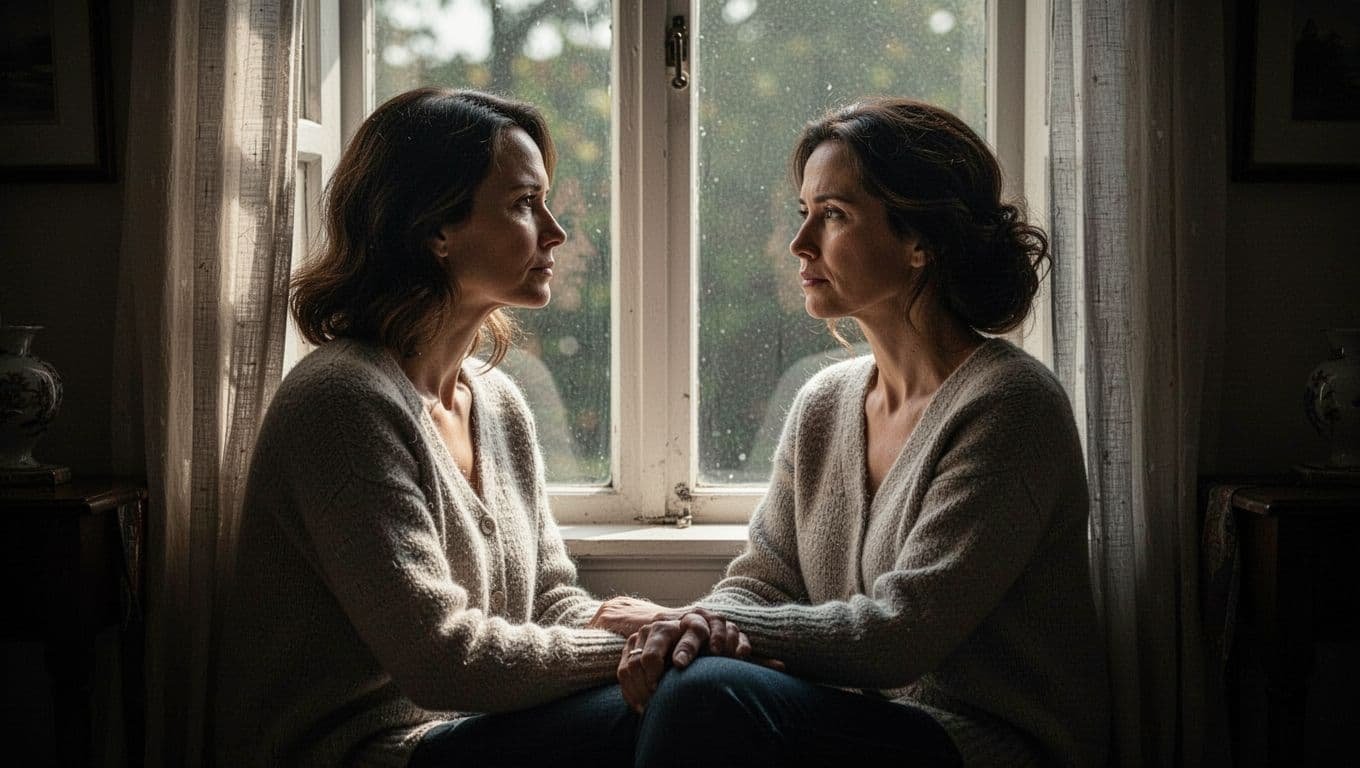 A woman sits alone beside a window, lost in thought.