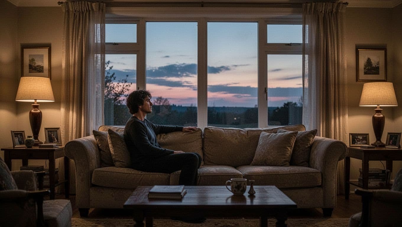 A person sits alone on a sofa, looking toward a window at twilight.