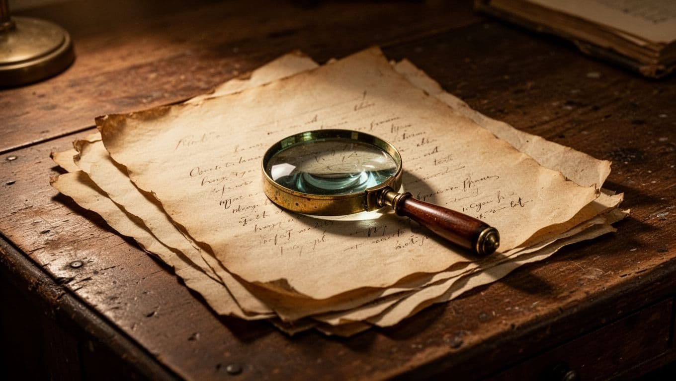 A magnifying glass beside vintage documents and records on an old wooden desk.