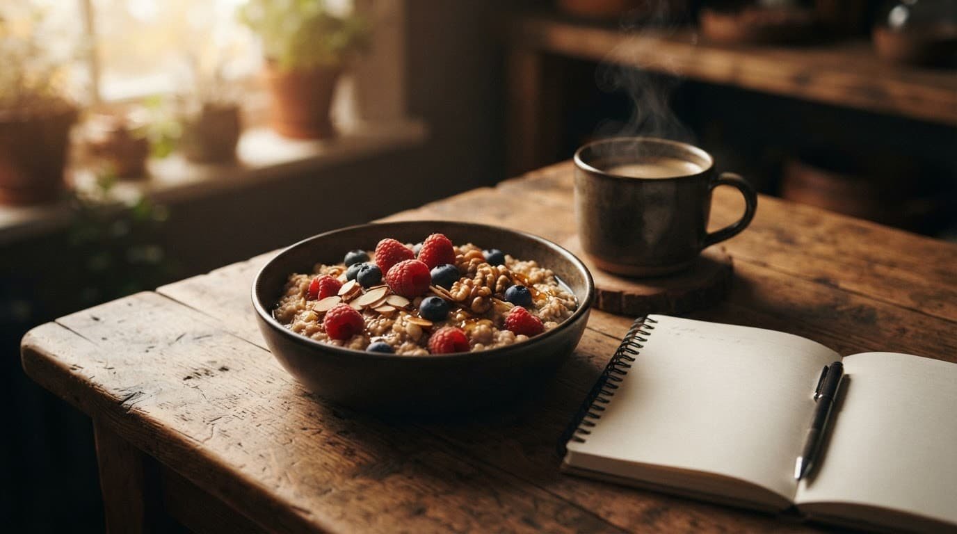 Oatmeal with berries, a notebook, and steaming coffee on a wooden table.
