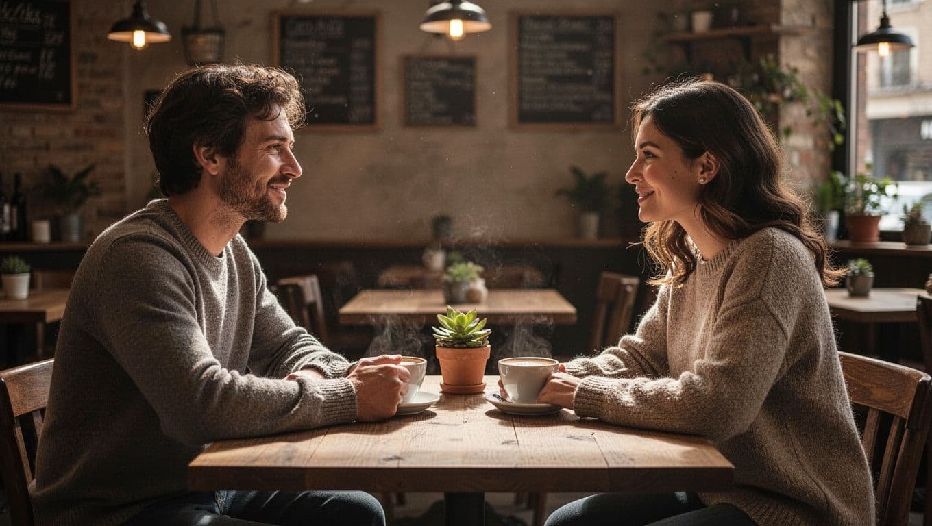 Two people share a relaxed conversation across a wooden cafe table.