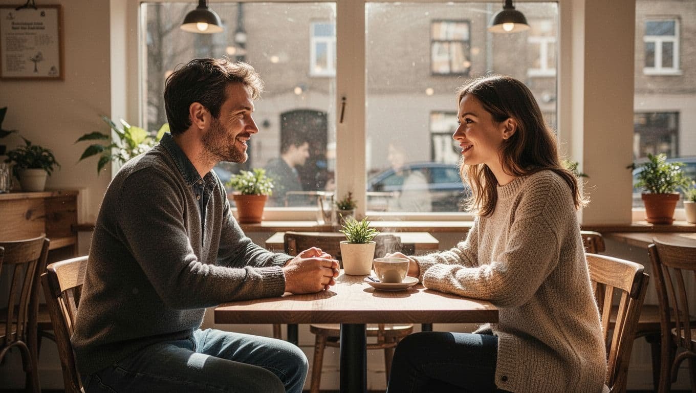 A man and woman share a warm conversation across a small table in a bright cafe.
