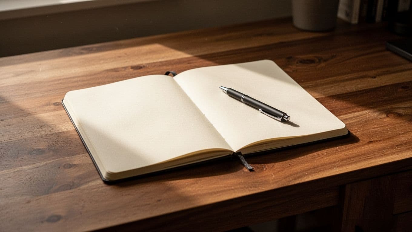 Open notebook and pen on a wooden desk in warm morning light.