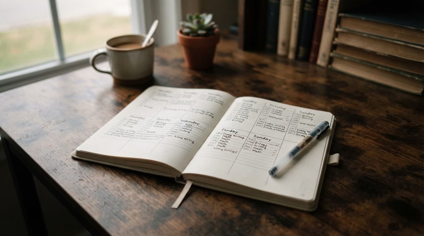 An open weekly planner and pen rest on a clean wooden desk.