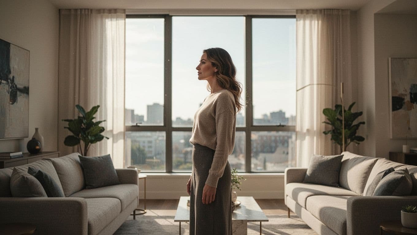 A woman stands by a sunny window in a modern living room.