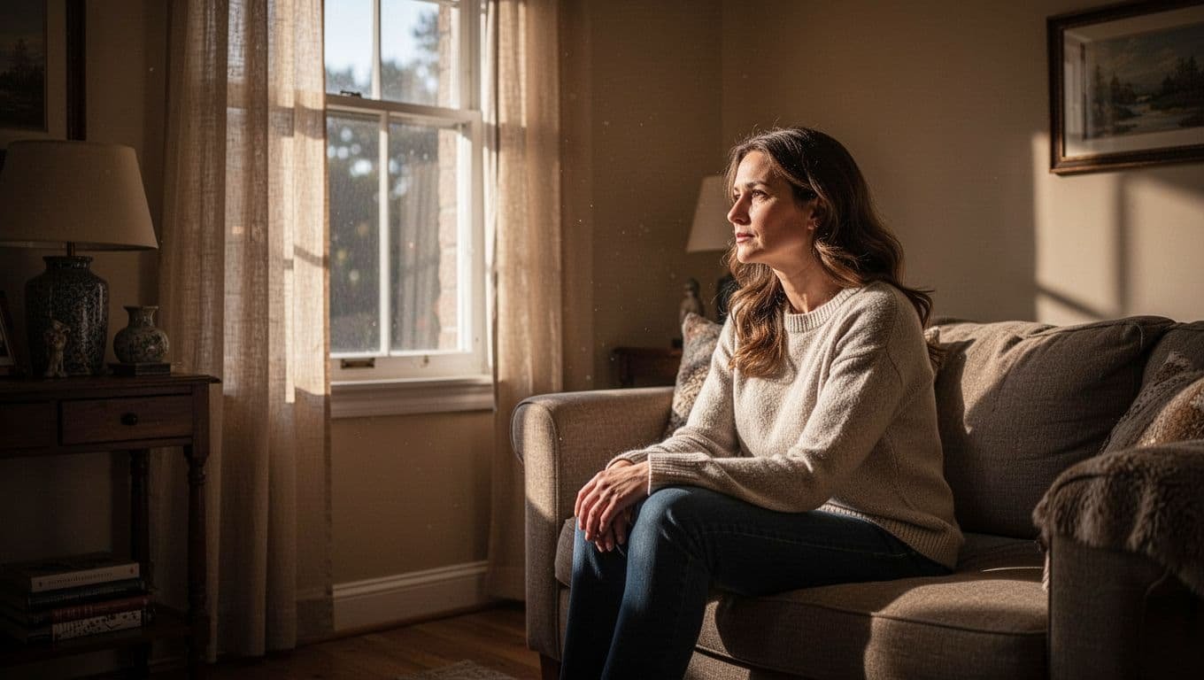 A woman sits alone by a window in a dim, quiet living room.