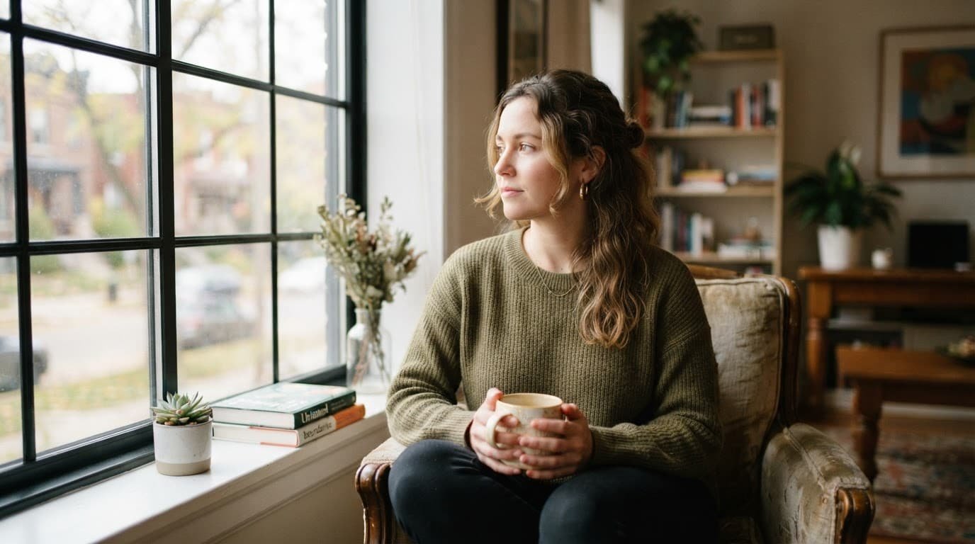 Woman holding a warm mug and gazing calmly beside a bright window.