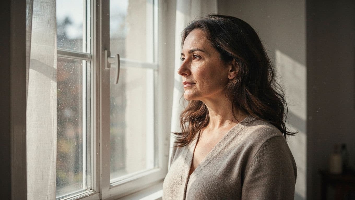 A woman gazes out a bright window in thoughtful reflection.