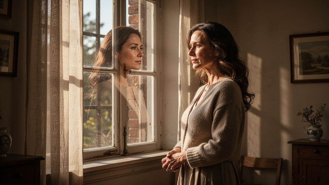 A thoughtful woman standing quietly beside a bright window.