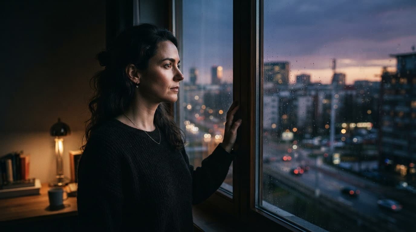 A woman looks thoughtfully through a window at twilight.