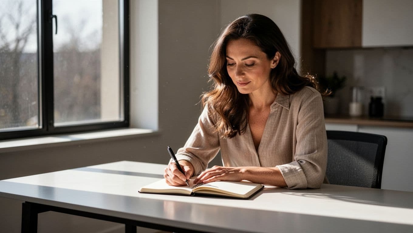 A woman writes in a journal at a clean desk in soft natural light.