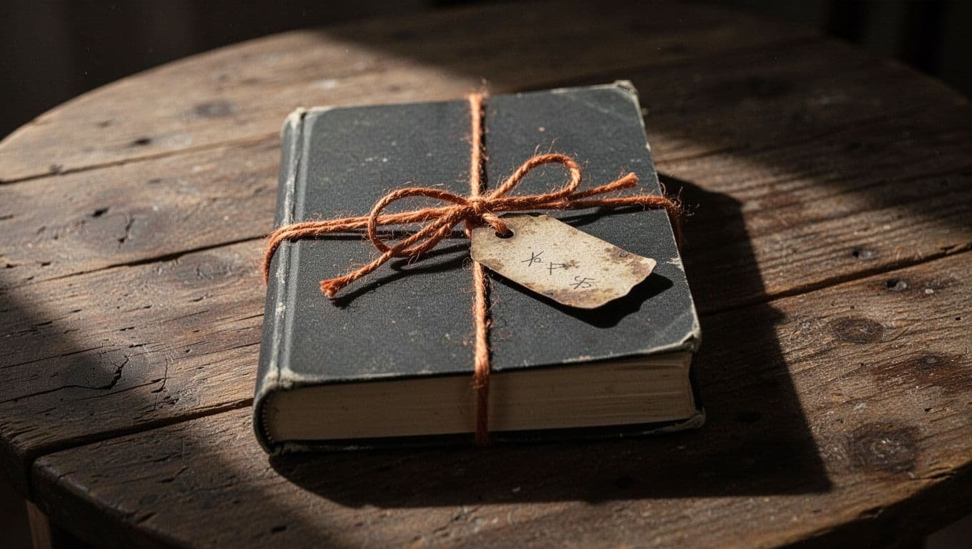 A wrapped dark book with orange twine and a clue tag on a wooden table.