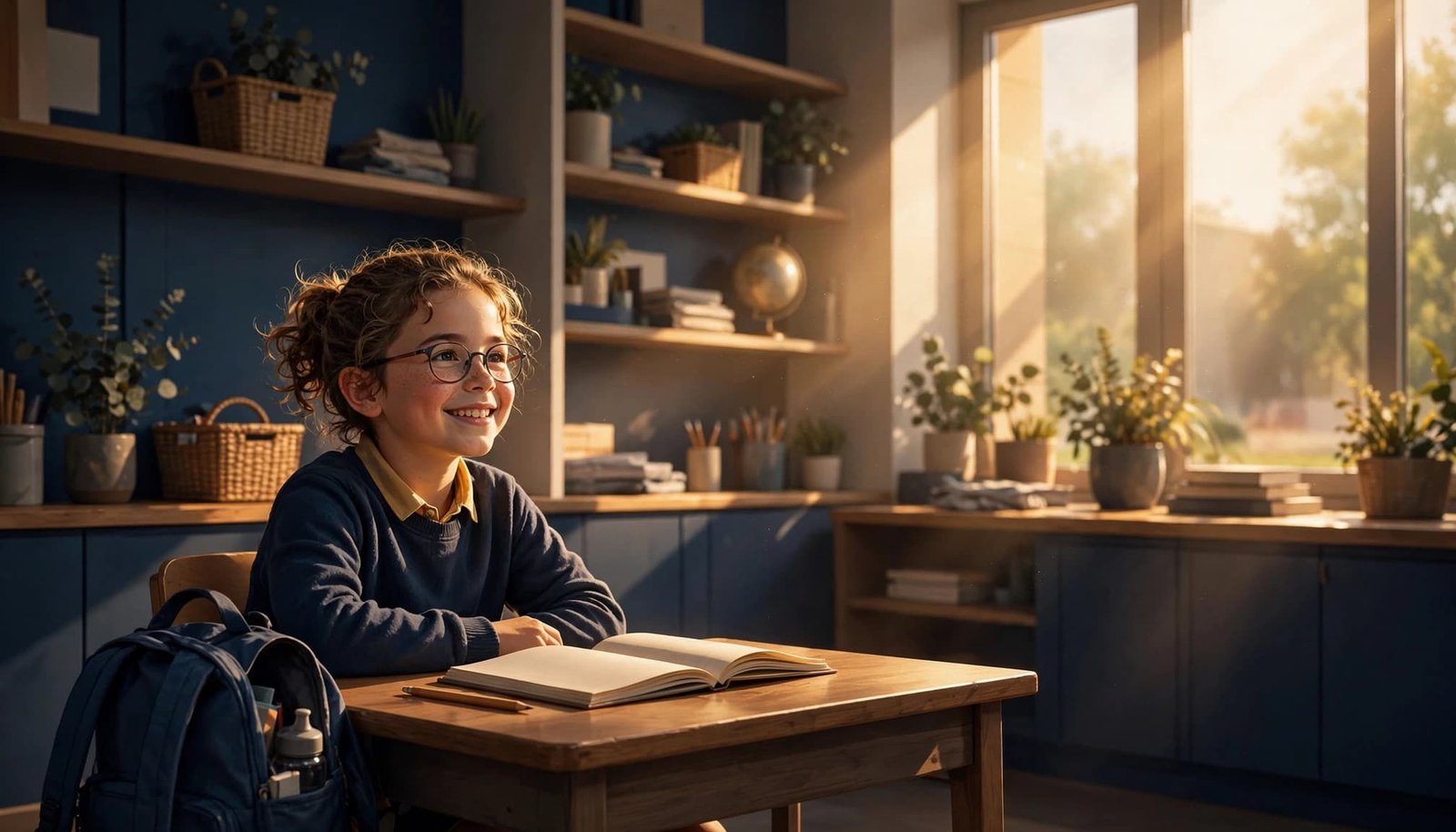 A smiling student sits at a desk with a notebook and backpack in a sunny classroom.