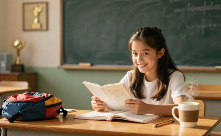Smiling student holding a notebook at a sunlit classroom desk.