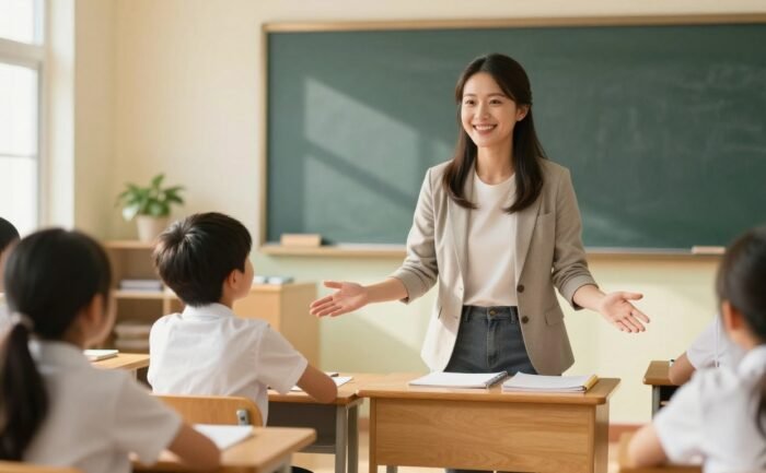 A smiling teacher welcomes attentive students in a sunny elementary classroom.